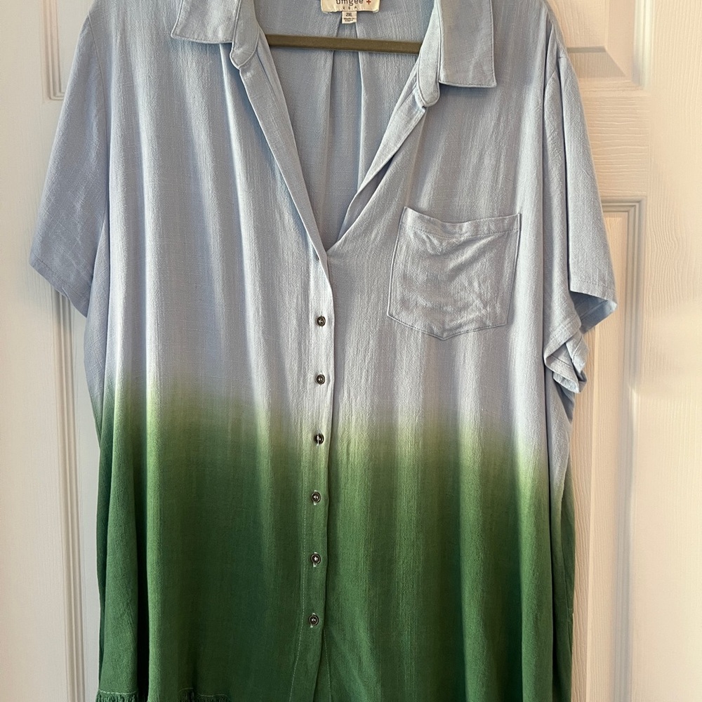 Blue and Green Ombre Button-Up Linen Shirt